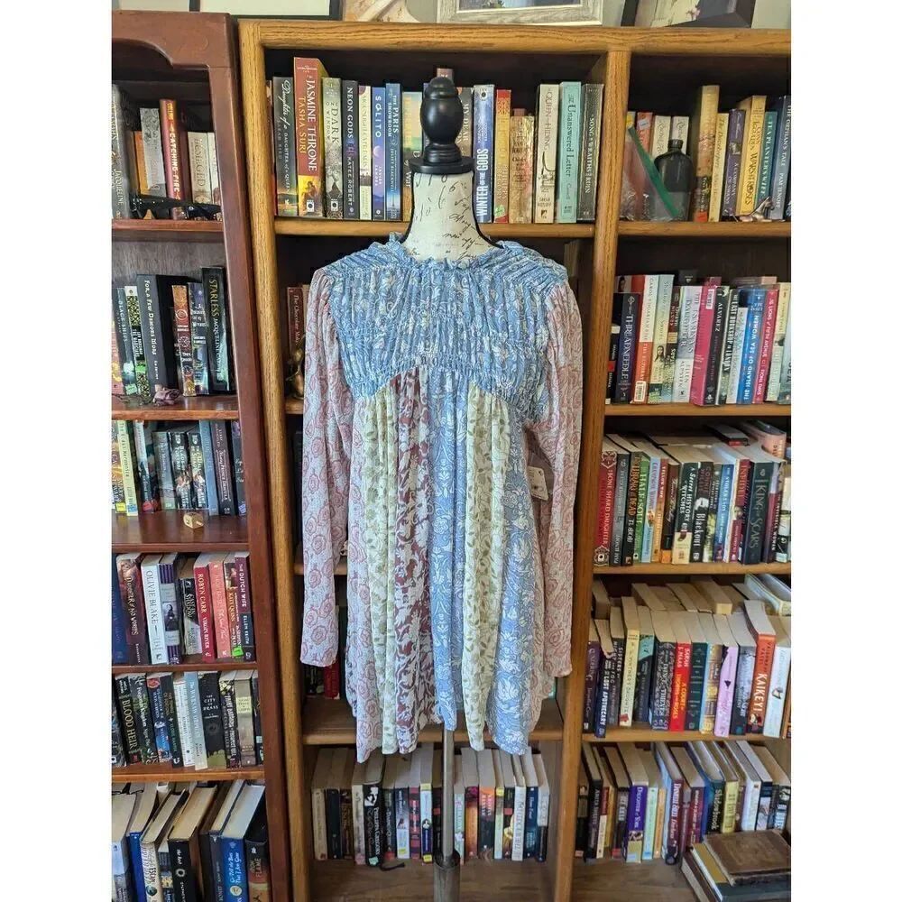 Free People Womens Multicolor Merrie Print Smocked Chiffon Boho Tunic Top S NWT